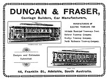 This Duncan & Fraser newspaper advertisement showed two types of tram cars built for Adelaide's Municipal Tramways Trust in 1908-09. Duncan and Fraser newspaper advert (trams) ca 1910.jpg