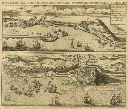 Prise d'Olinda au Brésil par les Hollandais en 1630, gravure allemande, v.1650.