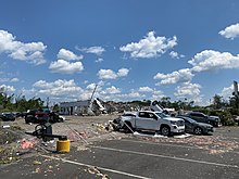 Flipped vehicles and EF3 damage to the Faulkner auto dealership in Trevose, Pennsylvania. EF3 damage in Trevose, Pennsylvania.jpg