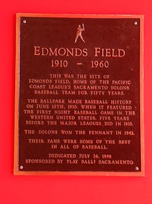 Dedication plaque placed at the site in 1998 Edmonds Field Sacramento plaque at Target.jpeg
