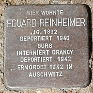 Der Stolperstein für Eduard Reinheimer in der Balduinstraße 41 in St. Wendel