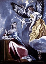 Obraz.  Widziany z góry anioł po prawej i Dziewica po lewej rozmawiają.
