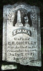 Gravestone of a victim of the Pensaukee Tornado (Evergreen Cemetery, Oconto, WI) Emma Chesley gravestone 1877.jpg