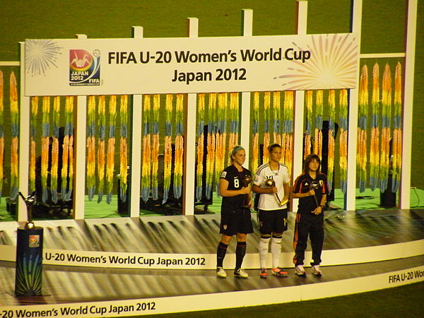 Julie Johnston, Dzsenifer Marozsán and Hanae Shibata with their awards at the 2012 edition.