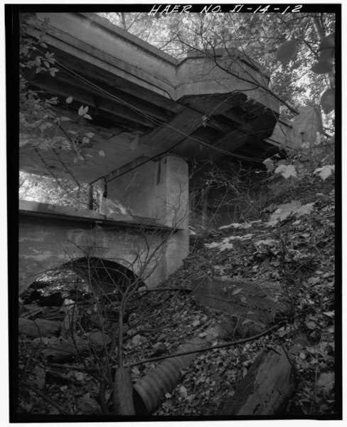 File:FROM NORTH SIDE OF BRIDGE LOOKING SOUTHWEST SHOWING WEST PORTION OF SUPERSTRUCTURE - VERTICAL VIEW - Ravine Bluffs Development Bridge, Spanning ravine at Sylvan Road, Glencoe, HAER ILL, 16-GLENC, 3-12.tif