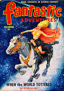 Del Rey's novella When the World Tottered was the cover story in the December 1950 issue of Fantastic Adventures, illustrated by Robert Gibson Jones