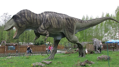 Full size model in Poland, depicting Tyrannosaurus with both feathers and scales