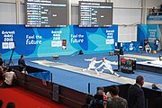 Deutsch: Fechten bei den Olympischen Jugend-Sommerspielen 2018: Tag 1, 7. Oktober 2018, Jungen, Säbel, Viertelfinale - Samuel Jarry (FRA) - Mazen Elaraby (EGY) 14:15 English: Fencing at the 2018 Summer Youth Olympics at 7 October 2018 – Boys' sabre Quarterfinals – Samuel Jarry (FRA) Vs Mazen Elaraby (EGY) 14:15