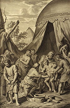 Abraham Took Ishmael with All the Males Born in His House and Circumcised Them (illustration from the 1728 Figures de la Bible) Figures 017 Abraham Took Ishmael with All the Males Born in His House and Circumcised Them.jpg