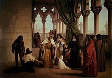 Francesco Foscari banishing his son Jacopo on the charge of treasonable correspondence while in exile. Painting by Francesco Hayez, circa 1852. Francesco Hayez - The Two Foscari - WGA11217.jpg