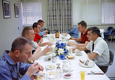 Gemini 8 prime crew and other astronauts at prelaunch breakfast, 1966