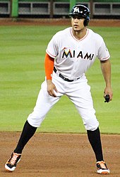 Giancarlo Stanton in the updated home uniforms when the team was rebranded as the Miami Marlins. Giancarlo Stanton (51005436733) (cropped).jpg