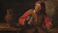 The Drinker label QS:Len,"The Drinker" label QS:Lnl,"De drinker" . Between 1655 and 1660 date QS:P,+1650-00-00T00:00:00Z/7,P1319,+1655-00-00T00:00:00Z/9,P1326,+1660-00-00T00:00:00Z/9 . oil on panelmedium QS:P186,Q296955;P186,Q106857709,P518,Q861259. 14.5 × 23.5 cm (5.7 × 9.2 in). Rotterdam, Museum Boijmans Van Beuningen.