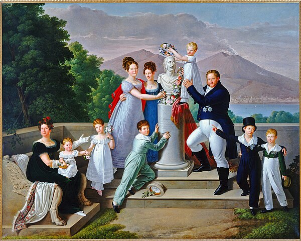 Francis and María Isabella's family in 1820; she is at the far left, holding Maria Carolina Ferdinanda.