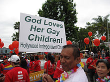 Pan-Asian delegation march in Los Angeles 2011 to support LGBT rights in Asian communities of Southern California God Loves Her Gay Children (5827026493).jpg