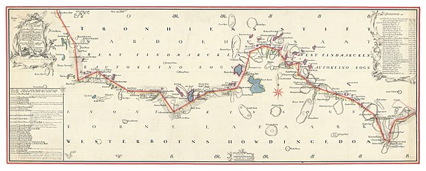 1765 map of the border between Denmark-Norway (now Norway) and Sweden (now Finland) near Kautokeino parish.