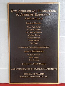 Andrews Elementary had it's second expansion in 2003. Gym Addition Plaque.jpg