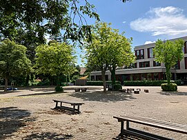 Schulhof des Gymnasiums. Ein paar Bänke, viele Bäume, im Hintergrund das Schulgebäude