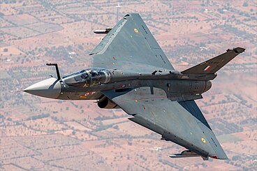 HAL Tejas, ein leichtes, überschallschnelles Mehrzweckkampfflugzeug der Hindustan Aeronautics (Bild vom 3. Oktober 2021)