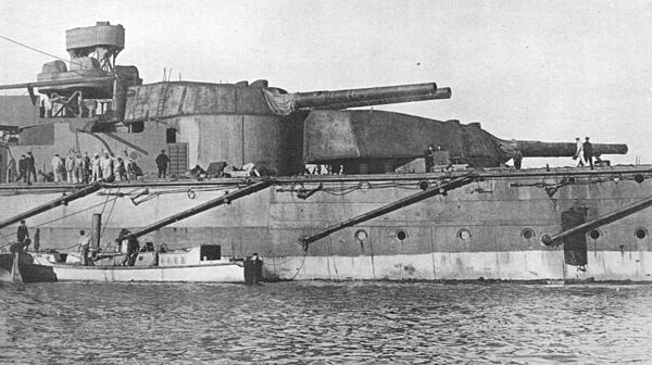 The ship's aft main-gun turrets, about 1914–1915