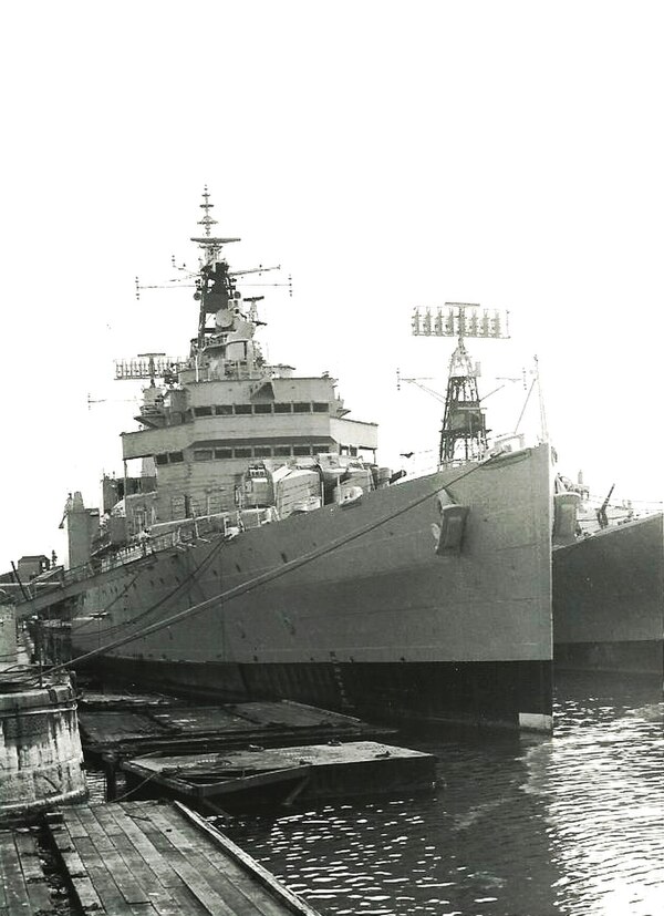 HMS Tiger on the same day, showing the forward 6-inch guns which were retained in the conversion.