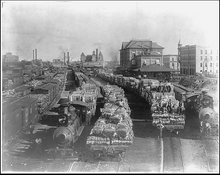 1904 photo of cotton-laden railcars at a yard in Houston