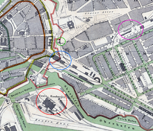 Stazioni di Hamburg in 1880, con la stazione per Berlino (blu),  Klosterthor (verde), Lubecca (rosa) e Venlo (rosso).