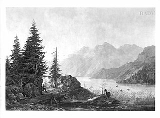 landscape: a hunter at a mountain - lake