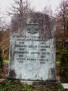 Heinrich Iselin-Weber (1888–1955) Dr. jur., Präsident des Schweiz. Seidenband-Fabrikanten-Vereins. Berufsoffizier, Armeecorps Kommandant, Familiengrab auf dem Friedhof Hörnli, Riehen, Basel-Stadt