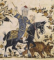Horseman impales a bear. Nihāyat al-su’l by Aḥmad al-Miṣrī ("the Egyptian"), dated 1371, Mamluk Egypt or Syria. He is wearing the red kallawtah headgear, with a turban wrapped around.[3]