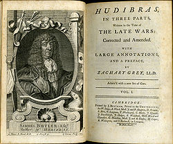 Frontispiece and titlepage of a 1744 illustrated and annotated edition of Butler's Hudibras