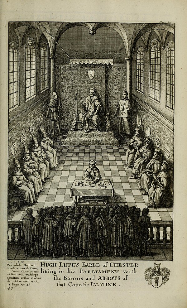 "Hugh Lupus, Earle of Chester, sitting in his parliament with the barons and abbots of that Countie Palatine". Post-1656 engraving by Wenceslaus Holla