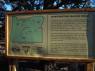Historical information sign at the beginning of the trail Huntington Wagon Road (15946759561).jpg