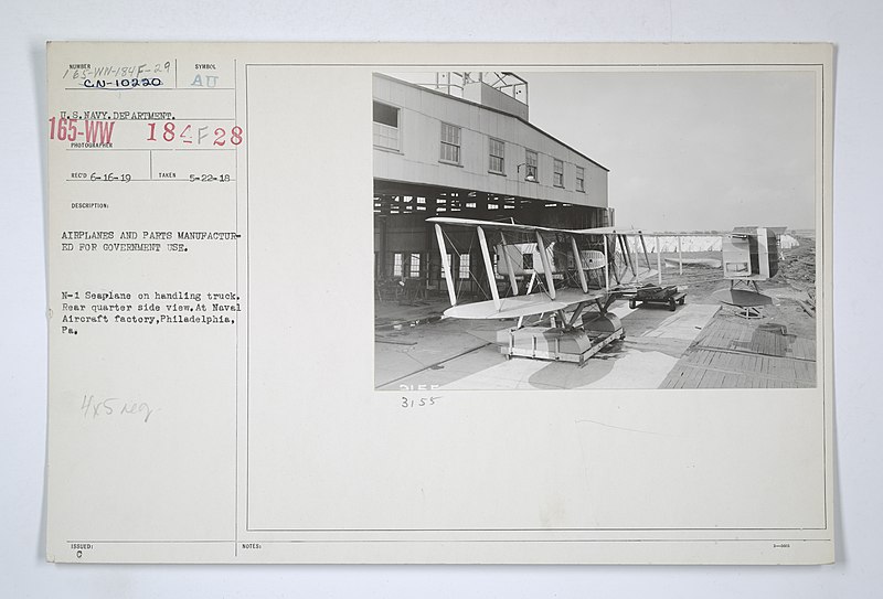 File:Hydroplanes - Manufacturers - Naval Aircraft Factory - N-1 - AIRPLANES AND PARTS MANUFACTURED FOR GOVERNMENT USE. N-1 Seaplane on handling truck. Rear quarter side view. At Naval Aircraft factory, Philadelphia, P(...) - NARA - 31484960.jpg