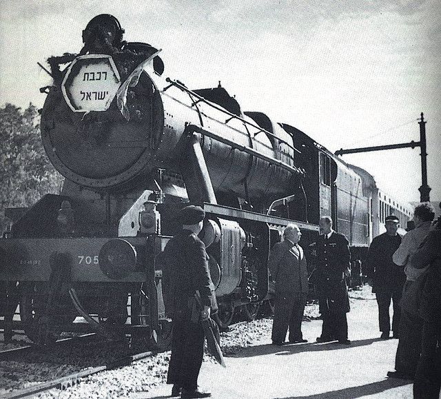 Stanier 8F 2-8-0 70513, built by NBL in Glasgow in 1941, in Israel Railways service taking water at Zichron Ya'akov on 4 January 1949