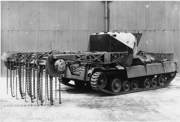 Experimental flail mounted on a Valentine tank; the Valentine Scorpion was never used operationally.