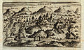 English: View of Jerusalem, by Savonarola, drawn after Giuseppe Rosaccio’s original engraved by Camoccio and published in 1598. Padua,‎ 1713. עברית: מפת ירושלים מאת רפאל סבונרולה, פדובה, ראשית המאה הי"ח Dimensions: 100x168 mm. Click to enlarge