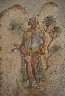 Wall painting of Priapus with two phalluses in the Lupanar.72 - 79 CE In situ wall fresco with erotic scene in the Lupanar , Pompeii (14673356410).jpg