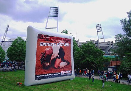 Inflatable billboard in front of a sports stadium