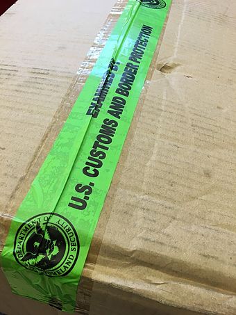Tape used by U.S. Customs and Border Protection to reseal packages that they have searched, and to indicate that they have done so
