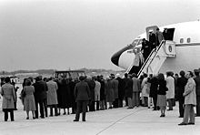 The hostages disembark Freedom One, an Air Force Boeing C-137 Stratoliner aircraft, upon their return. Iran hostages return.jpg