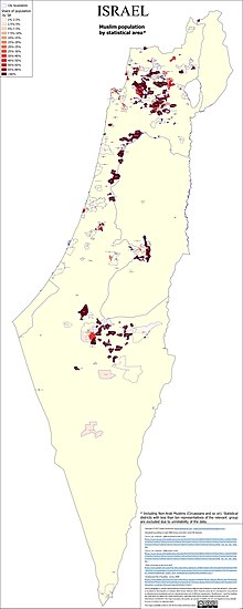 Geographical distribution of the Arabic-speaking and Non-Arabic-speaking Muslim population of Israel by statistical area Israeli Muslims.jpg