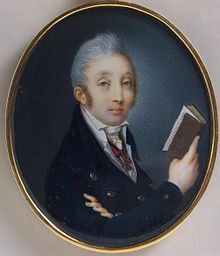 Portrait of a man in a high collared coat with a cravat, with his arms crossed over his chest and a book in his right hand.
