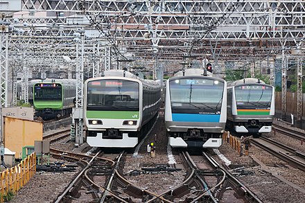 Commuter trains in Tokyo, showing trains from the Yamanote Line, Keihin–Tōhoku Line and the Utsunomiya Line