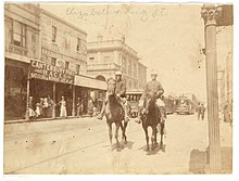 Mounted police officers in 1890 King and Elizabeth Street corner from Sydney, 1890 - photographed by Arthur K. Syer (5774624295).jpg