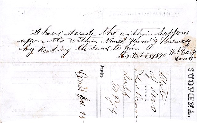 Lamar, Missouri, subpoena signed by Constable Wyatt Earp, February 28, 1870