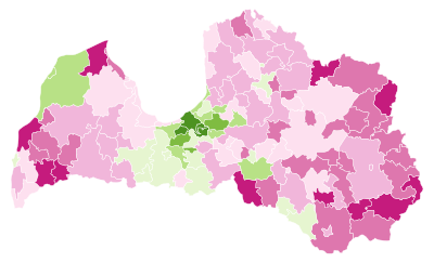 .mw-parser-output .legend{page-break-inside:avoid;break-inside:avoid-column}.mw-parser-output .legend-color{display:inline-block;min-width:1.25em;height:1.25em;line-height:1.25;margin:1px 0;text-align:center;border:1px solid black;background-color:transparent;color:black}.mw-parser-output .legend-text{}
0510-0593
0594-0676
0677-0759
0760-0842
0843-0925
0926-1008
1009-1091
1092-1170
Average monthly gross wages in cities under state jurisdiction and counties (in euro) 2017. Excluding private sector enterprises with number of employees < 50. Data: Central Statistical Bureau of Latvia Latvia average wage, 2017.svg