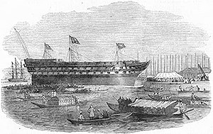 Launch of the Meanee, 80 guns, at Bombay - ILN 1849.jpg