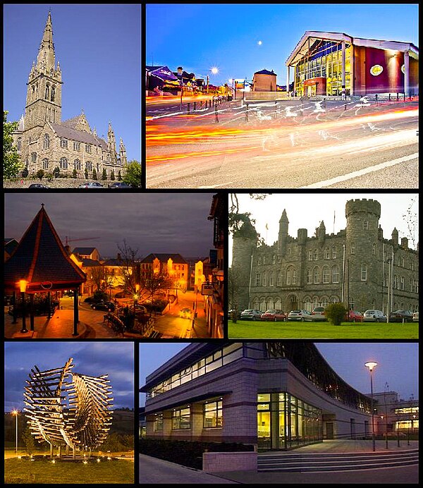 From top, left to right: St Eunan's Cathedral, An Grianán Theatre, the Market Square, St Eunan's College, Polestar Roundabout (also known as the Port 