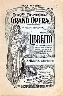 Cover of a 1921 libretto for Giordano's Andrea Chenier Libretto Cover Andrea Chenier.jpg